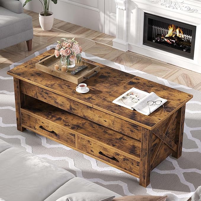 Seventable Coffee Table, 39.3" Lift Top Coffee Table with 2 Storage Drawers and Hidden Compartment, Farmhouse Center Table with Wooden Lift Tabletop, for Living Room,Rustic Brown