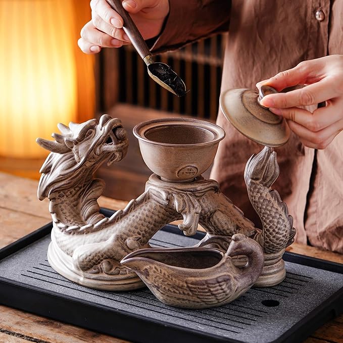 Ceramic Teapot with Infuser Semi Automatic Tea Set Magic Teapot with 8 cups Gradient Color (Retro Dragon- A)