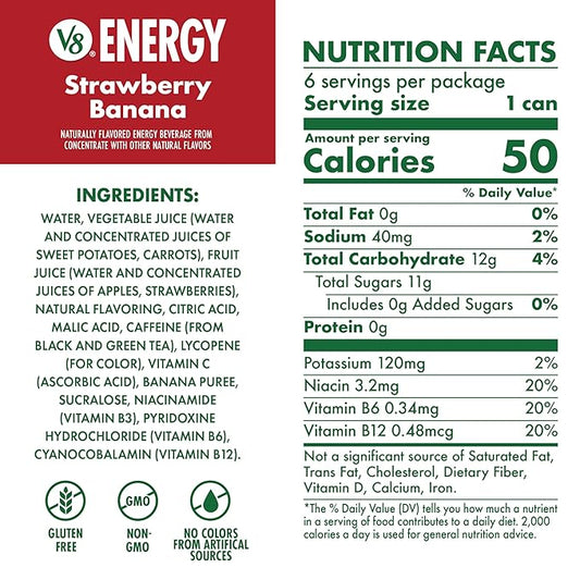 V8 Energy Strawberry Banana Juice Energy Drink, 8 fl oz Can (24 Pack)