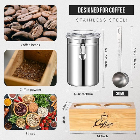 Vesici 2 Pcs Coffee Canister with Shelf & Scoop, 2 x 54 Fl oz Airtight Bean Storage Canister, Stainless Steel Coffee and Sugar Jar Set, Sugar Holder Containers for Cafe Bar Countertop, Kitchen Storage