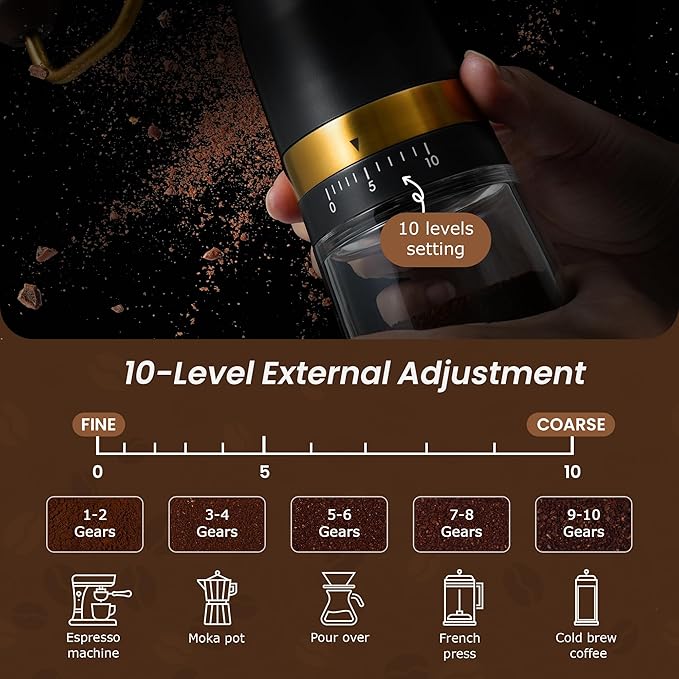 VEVOK CHEF Manual Coffee Grinder 10 External Adjustment Fashion Bean Grinder Stainless Steel Double Bearing Conical Burr Portable Hand Coffee Mill for Home,Camping,Gold
