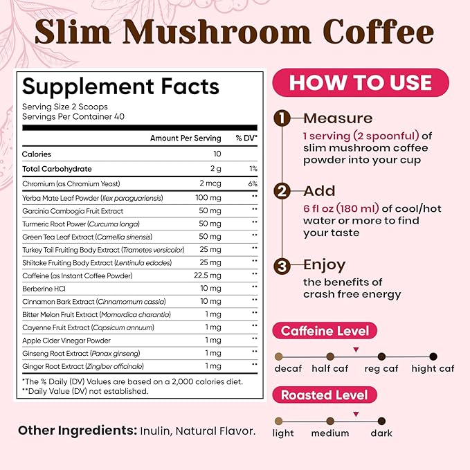 Venture Pal Slim Mushroom Coffee for Weight Loss,Instant Coffee with Berberine, Cinnamon, Yerba Mate,Turmeric, & More, 1800mg(10:1) Extract for Diet Support & Metabolism Boost - 40 Servings