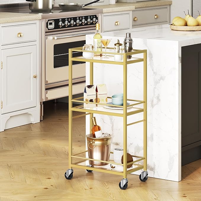 Bar Cart for The Home, 3-Tier Drink Cart on Wheels, Home Bar Serving Cart, Mini Bar Cart for Small Space, Kitchen, Dining Room, Gold RCJ40B01