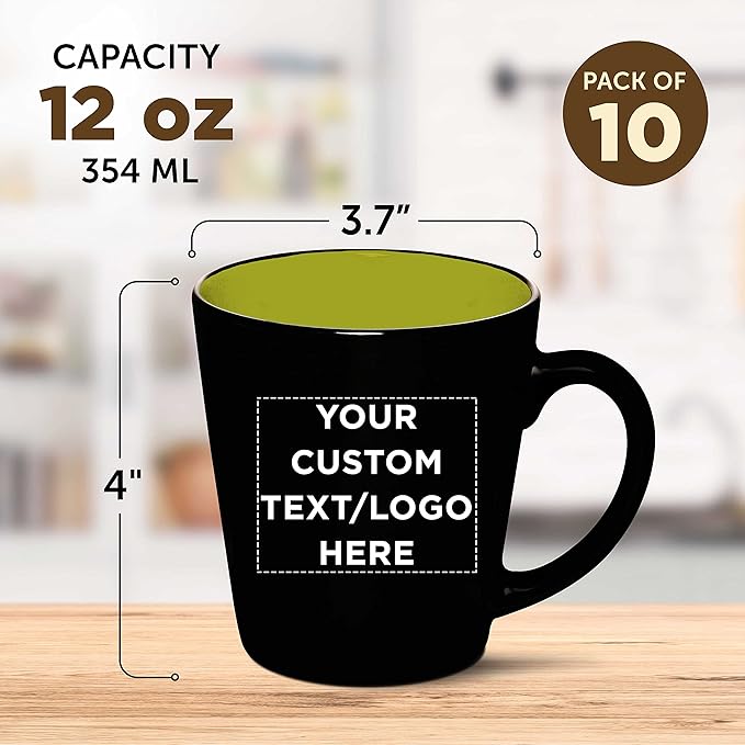 Custom Ceramic Coffee Latte Mugs 12 oz. Set of 10, Personalized Bulk Pack - Perfect for Coffee, Tea, Espresso, Hot Cocoa, Other Beverages - Lime Green