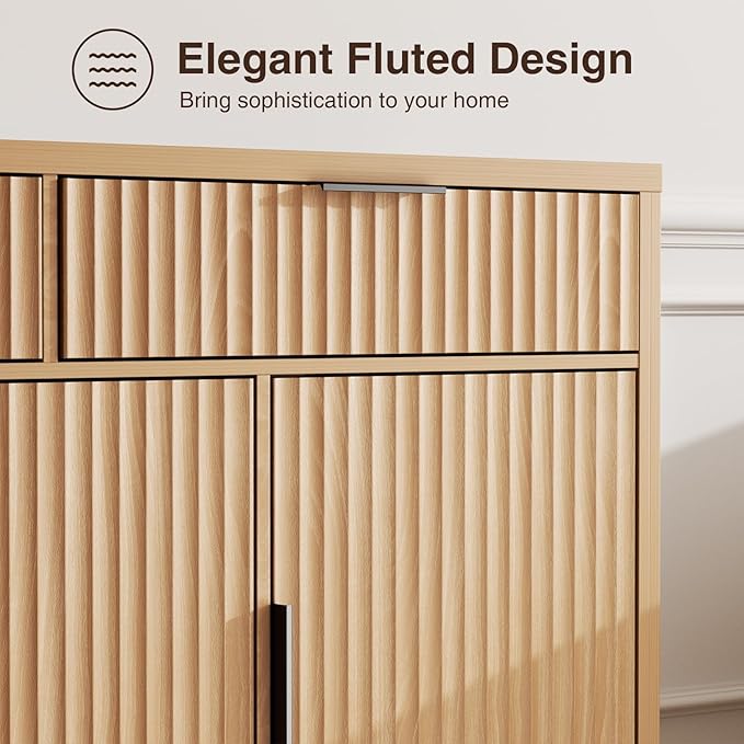 Vabches Modern Sideboard Buffet Cabinet with Storage, Long Credenza Storage Cabinet with Drawer, Fluted Doors & Adjustable Shelf, Wood Buffet Table for Living Room, Kitchen Dining Room, Entryway, Oak