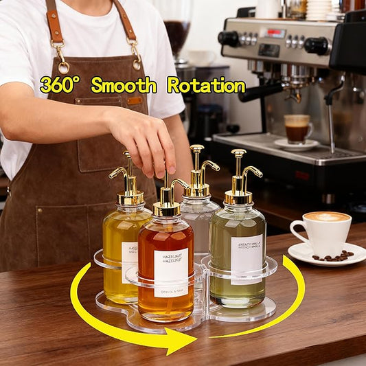 Acrylic Syrup Dispenser Organizer, 360°Rotating Storage Rack for 4 Bottles,Clear Coffee Syrup Bottle Holder for Coffee Station Accessories,Home Bar,Kitchen-Fits 16.9 oz Bottles(Syrup Rack Only)