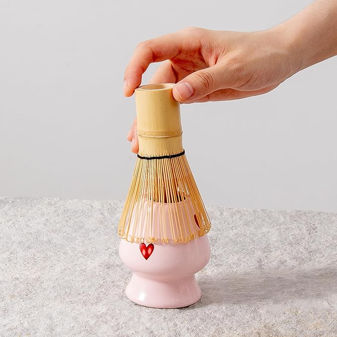 5pcs Premium Matcha Set,Ceramic Bowl with Spout and Bamboo Whisk set, Ceremonical Matcha Kit for breakfast/latte,Tea Starter Making Kit,Unique Matcha Gift set (pink love)