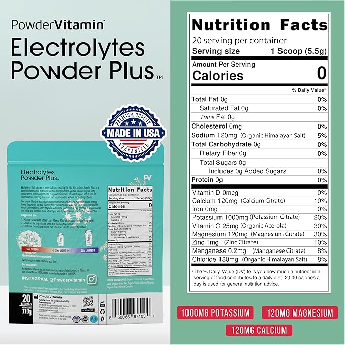 PowderVitamin Electrolytes Powder Plus (20 Servings) Green Tea Ginseng Electrolyte Powder Keto, Sugar Free, Pink Himalayan Salt,1000mg Potassium,120mg Calcium,120mg Magnesium, Hydration Powder