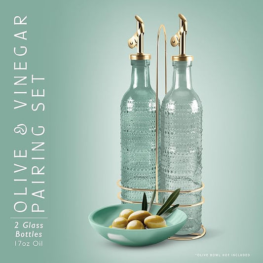 COOK WITH COLOR Glass Olive Oil Bottle Dispenser - 2 Pack- 17oz Oil and Vinegar Cruet - Olive Oil Carafe Decanter for Kitchen, Champagne Bubbles, Green