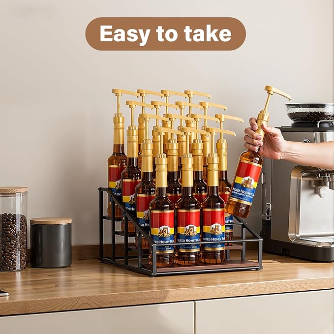 kimilus Coffee Syrup Organizer Rack, Liquor Bottle Display Shelf, 4 Tier 16 Syrup Bottles Holder Stand for Coffee Bar Kitchen Small Wine Rack for Family Storage for Syrup Wine Dressing