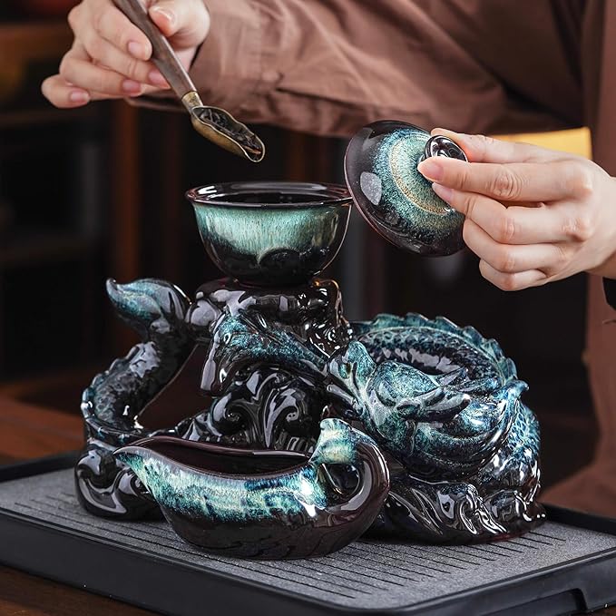 Semi Automatic Tea Set Ceramic Teapot with Infuser Magic Teapot with 8 cups Gradient Color (Gradient Dragon- D)