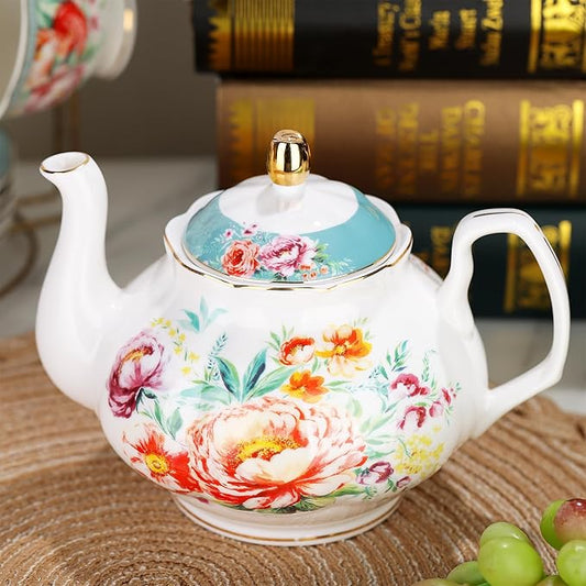 fanquare 21-Piece Green and Floral Porcelain Tea Set, Vintage Ceramic Tea Cup and Saucer Set for 6, Teapot Set for Women Party