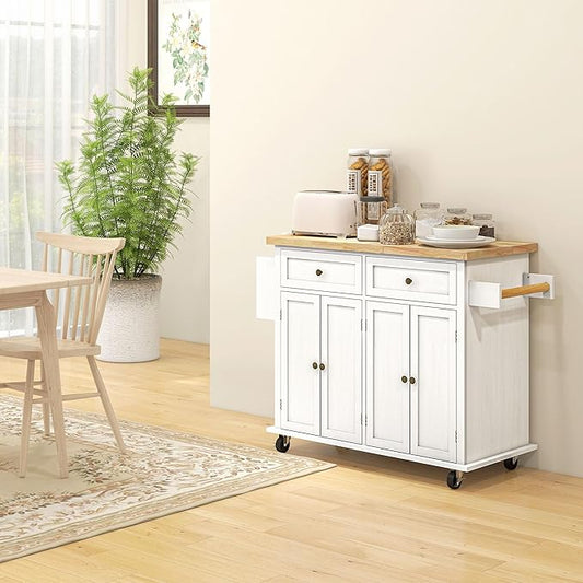 HOMCOM Kitchen Island Cart with Rubber Wood Top, Rolling Kitchen Island Table on Wheels with Drawers, Adjustable Shelves, Spice Rack and Towel Rack for Dining Room, Distressed White