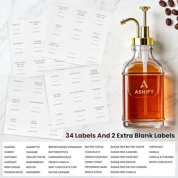 16.9oz/ 500ml Coffee Syrup Dispensers with 304 Stainless Steel Gold Pump - 4Pcs Glass Coffee Bar Syrup Bottles with 36 Labels, 2 Spoons, Funnel and Cleaning Brush Set for Bar Accessories
