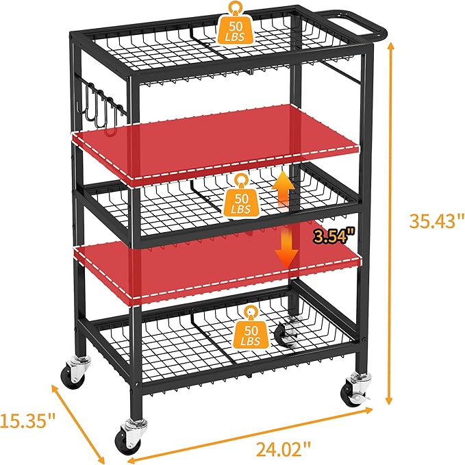 3-Tier Rolling Cart, Space-Saving Kitchen Cart with 150Lbs Capacity, Black Storage Cart with 2 Lockable Wheels for Kitchen Island, Restaurant, Garage, Backyard