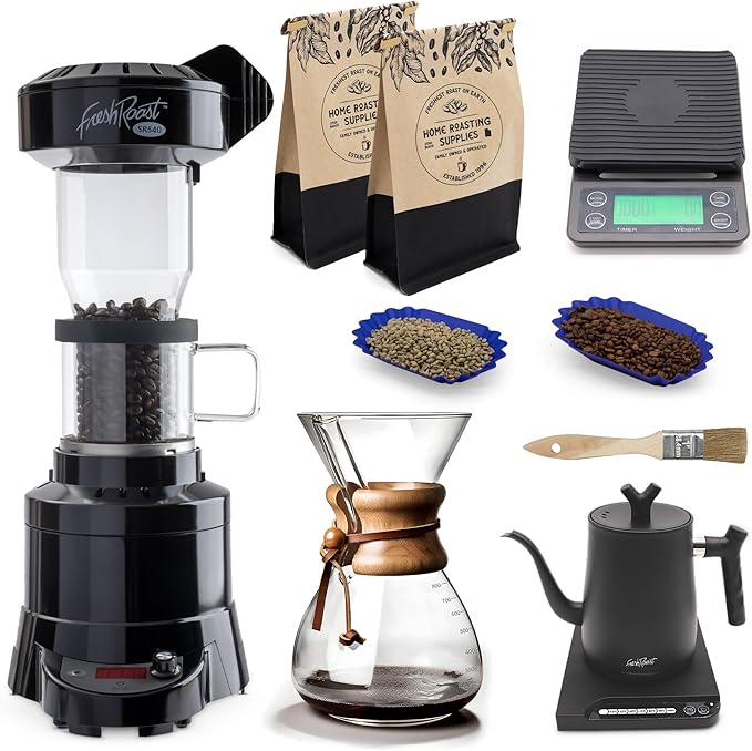 Fresh Roast Coffee Roaster Bundle SR540, Glass Extension Tube, Pour Over Digital Scale, 800ML Glass Pour Over, Electric Kettle, (2lbs) Sample Pack of Green Beans, (2-Pack) Sample Trays, Chaff Brush