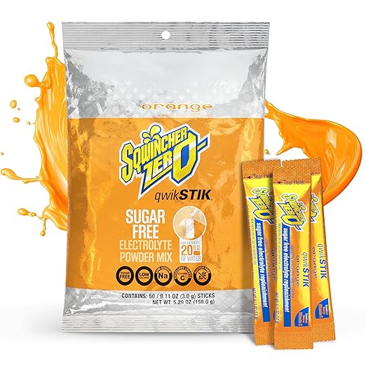 Sqwincher Zero Qwik Stik, Orange, Sugar Free, Low Calorie, Low Sodium Electrolyte Powder Hydration Drink Mix, .11 0z Packet (Pack of 50)