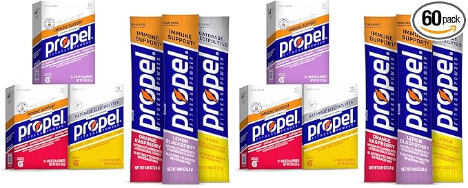 Propel Immune Support Electrolyte Enhanced Water Drink Mix Powder Packets, Variety Pack, 100% DV Vitamin C, Good source of Zinc, Zero Sugar Hydration with Electrolytes (Pack of 60)