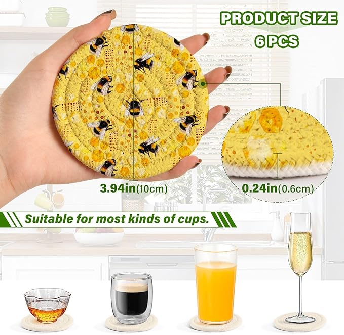 Yellow Honeycomb Drink Coasters Set of 6 - Absorbent Decorative Bar Coasters for Coffee Table Protection