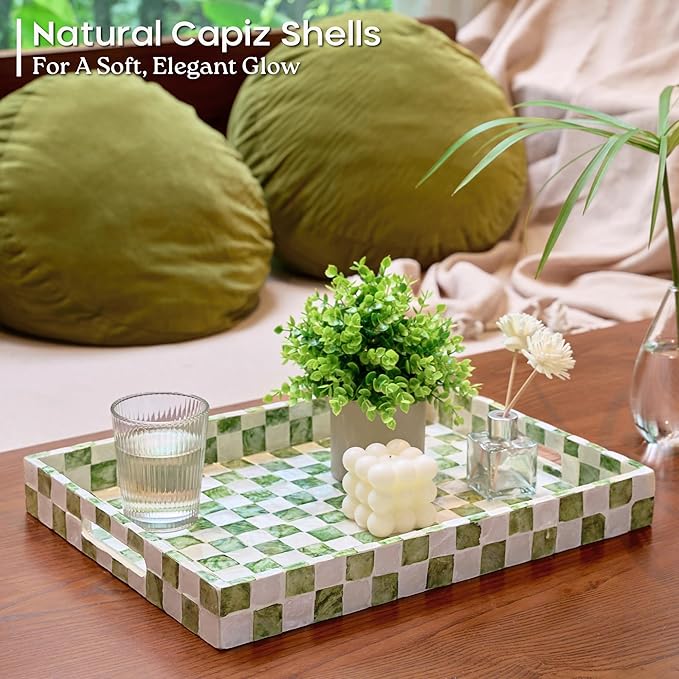 15.8" x 11.8" Decorative Rectangular Tray with Natural Capiz Shells, Checkered Tray with Handles, Serving Tray for Ottoman, Coffee Table, Kitchen Counter Home Decor (Pistachio Green)