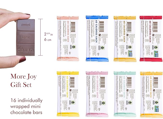 Chuao Chocolatier More Joy Assorted Mini Gourmet Chocolate Bars Gift Box | Milk and Dark Chocolate Variety Sampler For Holiday, Birthday, Thank you, Corporate Gift Baskets | 16 Bars, 0.39 oz Each