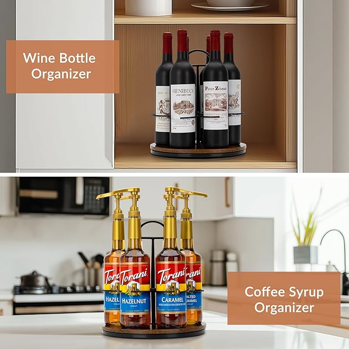 SUNNEKO Rotating Coffee Syrup Organizer Hold 6 Bottles, Wood Coffee Syrup Rack for Countertop, Large Bottle Holder Stand for Bar Station, Turntable Wine Display Tray (Black - 6 Bottles)
