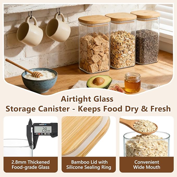 KEYWING 50oz Airtight Glass Storage Containers with Lids Set of 3, Square Glass Jars with Bamboo Lids, Kitchen Pantry Storage Canister for Flour, Sugar, Cereal, Coffee Beans, Pasta, Cookies & Tea