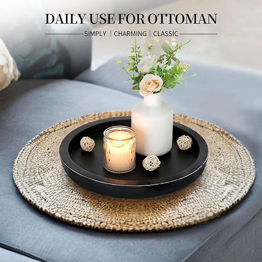 Hanobe Wooden Tray for Coffee Table: Candle Holder Plate Black Round Decorative Serving Tray - Vintage Table Centerpiece Rustic Farmhouse Home Decor