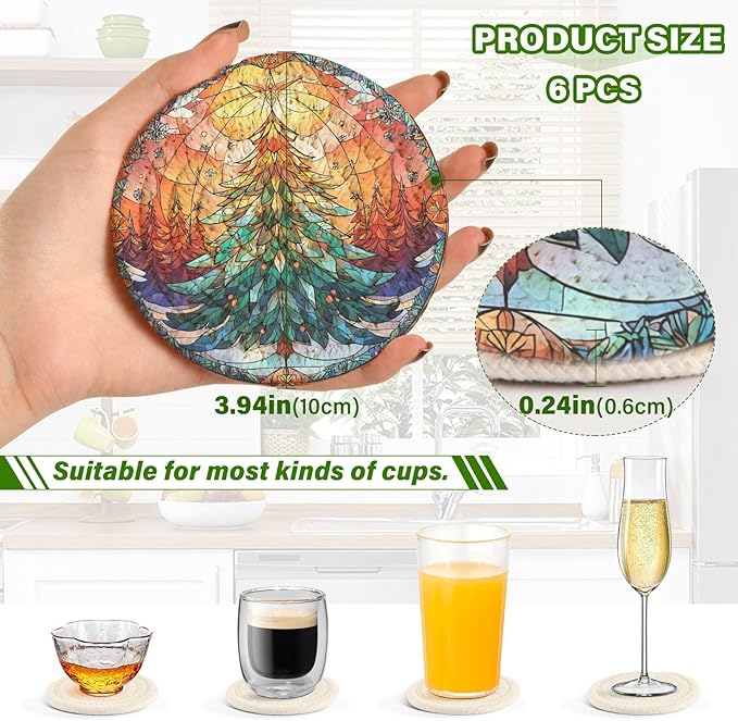 Christmas Coasters with Holder Stained Glass Christmas Tree Xmas Coasters Set of 6 Cotton Woven Absorbent Cup Coaster Xmas Holiday Party Table Decor 4 Inches