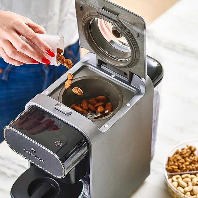ChefWave Milkmade Soy Milk Maker (Silver/Black) 6-in-1 Vegan Plant-Based Milk Machine with Auto Clean, and Delay Start, Almond, Oat, Soy, Cashew, Coconut, Macadamia Milk Maker with Nut Platter