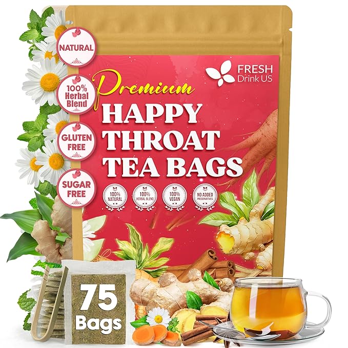 Premium Happy Throat Herbal Tea – 75 Bags Of Supper Tea Blend: Marshmallow Root, Slippery Elm & Ginger – Dry & Sore Throat Relief – Caffeine-Free, No Honey, No Citrus – No Sugar