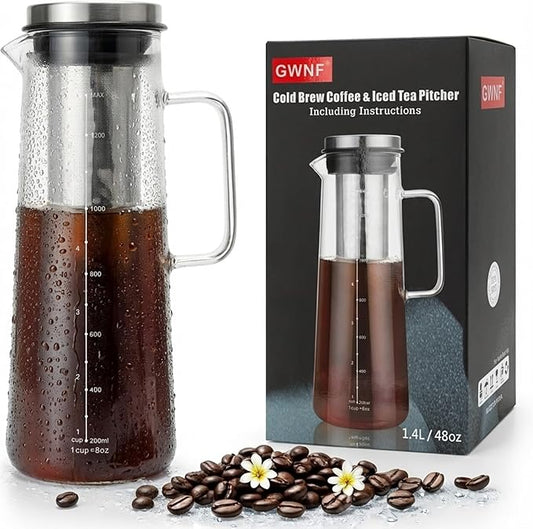 Cold Brew Coffee Maker & Ice Tea Maker, 1.4L/48oz Cold Brew Pither, Borosilicate Glass Carafe with Stainless Steel Filter, Airtight Lid, Dishwasher Safe, Easy to Use | Mannual & Brush Included