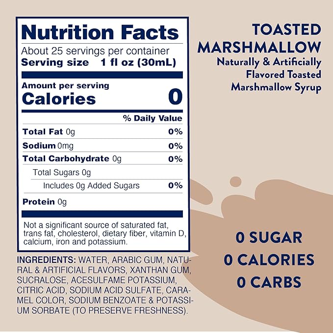 Jordan's Skinny Mixes Sugar Free Coffee Syrup, Toasted Marshmallow Coffee Flavoring Syrup, Zero Calorie Drink Mix, Lattes, Baking, Protein Shake or Cocktail, Dairy & Gluten Free, Kosher, 25.4 Fl Oz
