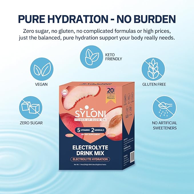 Electrolytes Powder Packets, White Peach(0.36 oz*20 Sticks), Sugar Free Hydration Packets Electrolyte Drink Mix with 7 Vitamins and Electrolytes, Keto Friendly, Vegan, Gluten Free