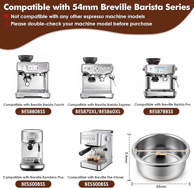 Dunkive 1 Pack 54mm Dual Wall Portafilter Basket Compatible with Breville Espresso Machines BES860XL/11.41, BES870, BES880, BES875, Two Cup Dual Wall Filter Replacement (Multi Port,Gray)