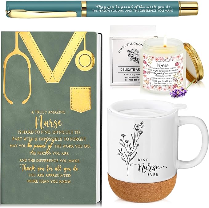 4 Pcs Nurse Gifts Set Nurse Week Appreciation Gifts Notebook Coffee Mug Scented Candle Ballpoint Pen for Coworker Employee Medical Assistant Women Men