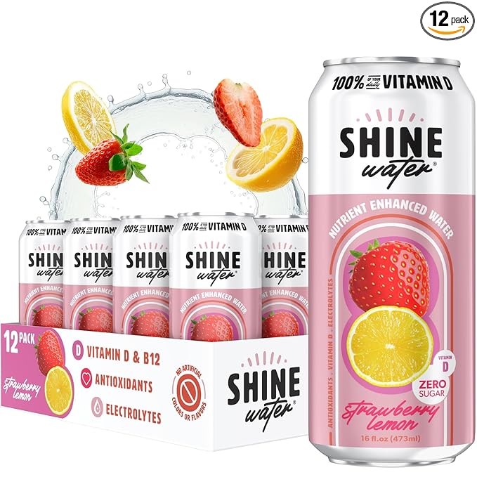 Shine Water Strawberry Lemon Vitamin D Electrolyte Drinks 12-Pack, Sugar Free Flavored Water with Magnesium, Zinc & Antioxidants, Low Calorie Hydration Beverage, Plant-Based Vitamin Water Zero Sugar