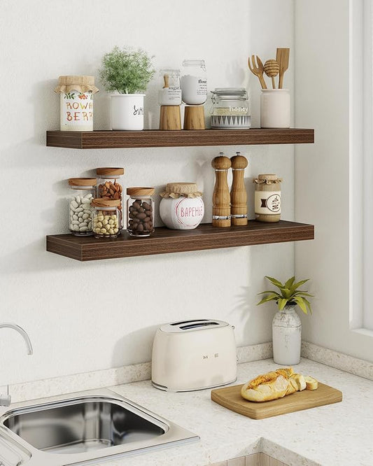Marsmiles 32" Floating Shelves for Wall, Wooden Shelves with Invisible Brackets Set of 2, Rustic Farmhouse Wall Mounted Shelf for Kitchen Bathroom Living Room Study, Walnut