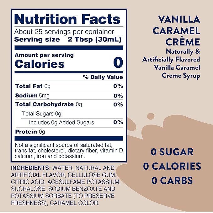 Jordan's Skinny Mixes Sugar Free Coffee Syrup, Vanilla Caramel Crème Coffee Flavoring Syrup, Zero Calorie Drink Mix, Lattes, Baking, Protein Shake or Cocktail, Dairy & Gluten Free, Kosher, 25.4 Fl Oz