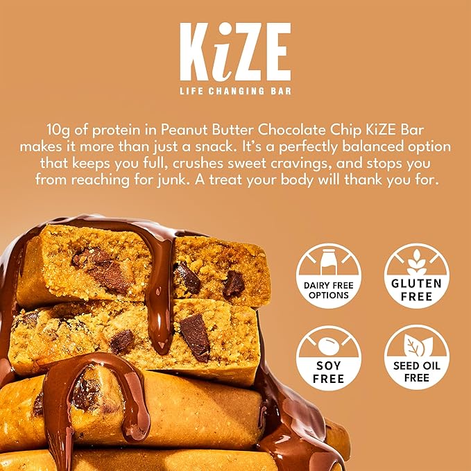 KiZE Energy Bars - Peanut Butter Chocolate Chip - 20-Count - Gluten Free, Dairy Free, Non-GMO, and High Protein Meal Replacement Energy Bars, Clean and Simple Food Ingredients - 10g High Protein Snacks (20 Count)