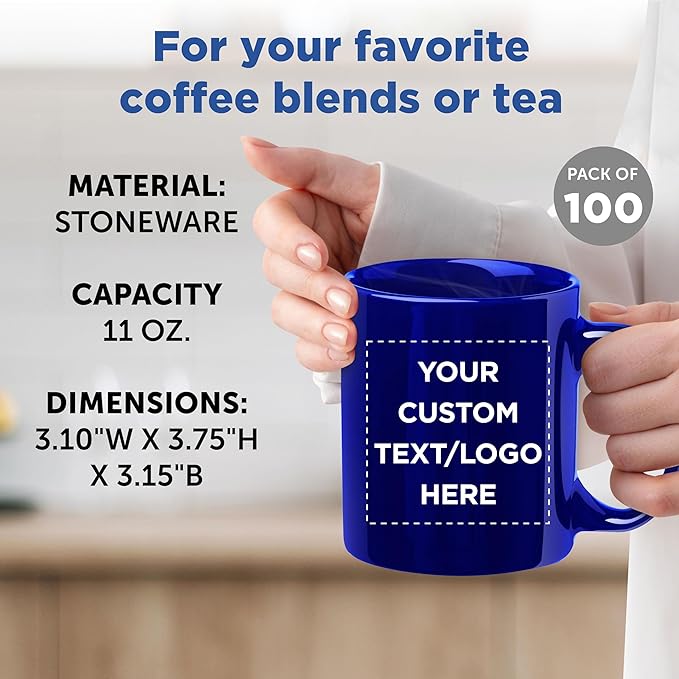 Custom Ceramic Coffee Mugs 11 oz. Set of 100, Personalized Bulk Pack - Coffee cup set, Iced coffee cup, Gaming mug - Royal Blue