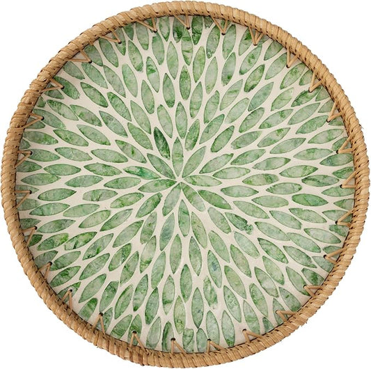 StorageWorks Decorative Coffee Table Trays for Home Decor, Round Rattan Tray with Mother of Pearl Inlay, Small Wicker Woven Serving Tray Decor for Kitchen Counter, Living Room and Ottoman, Green