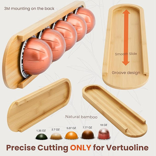 Bamboo Coffee Pod Holder, Adhesive Wall Mount (No Drilling) for Inside Cabinet Door, 20-Capsule Storage (Set of 4), Vertical & Horizontal, Compatible with Nespresso Vertuo Line-Bamboo Brown
