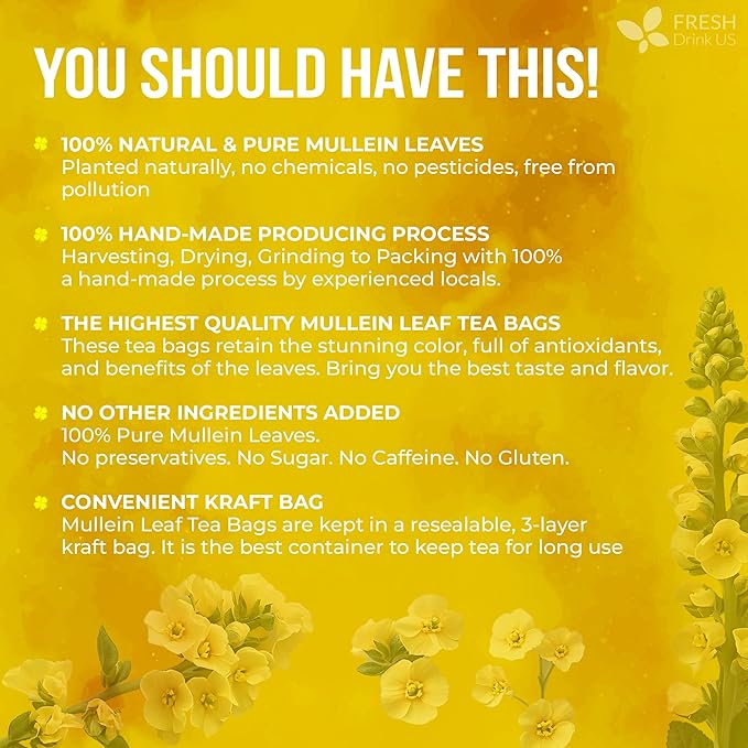 FreshDrinkUS, Premium 120 Mullein Leaf Tea Bags For Lung, 100% Natural & Pure from Mullein Leaves. Loose Leaf Mullein Herbal Tea. Made with Natural Material Tea Bags. No Sugar, No Caffeine, No Gluten, Vegan.
