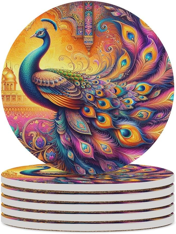 Round-6PCS Peacock Drink Coasters, Round Modern Ceramic Absorbent Coasters, Boho Art Beautiful Colorful Floral Peacock Pattren Decor Desk Coffee Table Coaster for Beverage Cup Tea Coasters