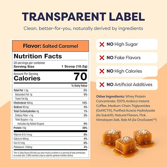 Salted Caramel Protein Iced Coffee - Premium Whey Protein & Instant Iced Coffees - 100% Natural Cold Brew - Zero Artificial Flavors & Sweeteners, 80 mg Caffeine, No Added Sugar, 20 Servings