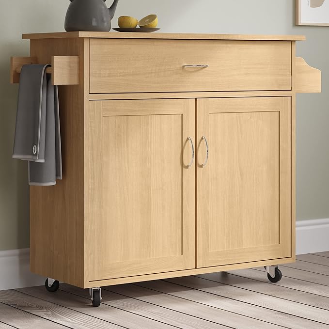 Kitchen Island with Spice Rack and Storage Cabinet - Rolling Cart with Drawers for Coffee Bar, Additional Counter Space, or Storage by Lavish Home (Oak)