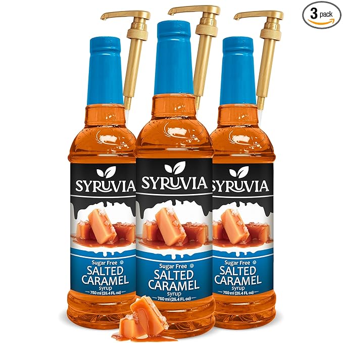 Syruvia Sugar-free Salted Caramel - 25.4 fl oz. Premium Coffee Flavoring Syrup. 0 Calories, Kosher, and Gluten-Free. Perfect for Drinks, Sodas, Shakes, Desserts, and More With Pump (Pack of 3)