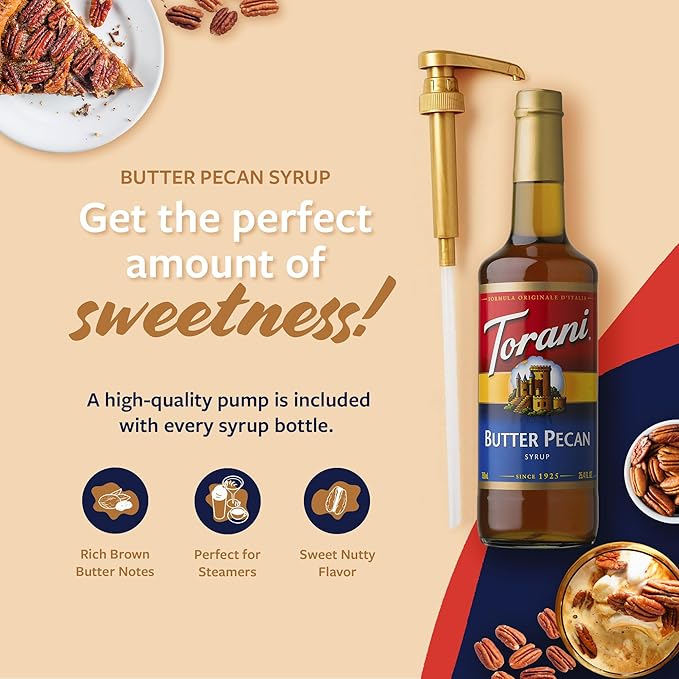 Torani Coffee Syrup, Butter Pecan Flavoring for Drinks, Glass Bottle with Pump Included, 25.4 Fl Oz