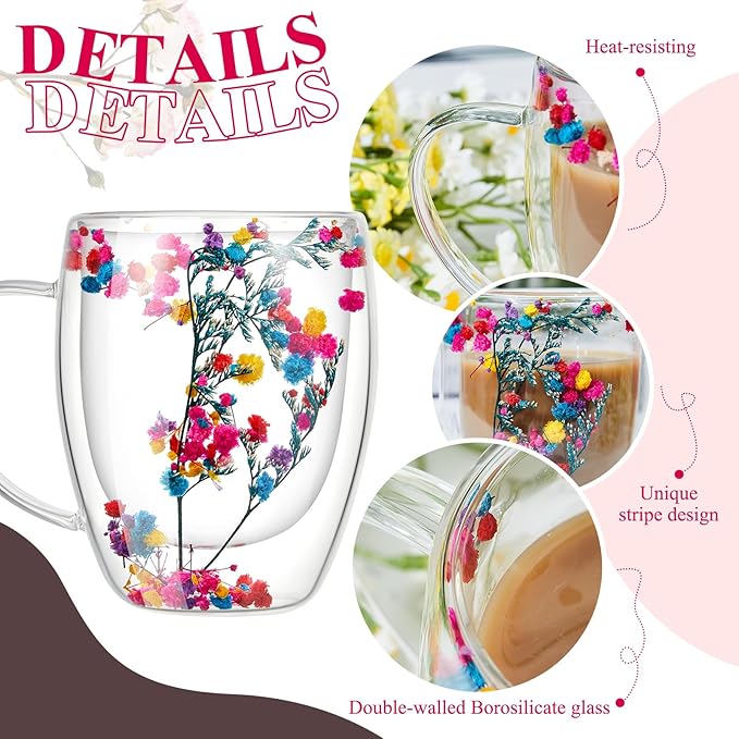 Rtteri 2 Pcs Double Wall Glass Coffee Mugs Clear Flower Coffee Mug with Handle 350 ml Creative Insulated Heat Resistant Coffee Cups for Tea Cappuccino Espresso Latte (Immortal Flower, Baby's Breath)